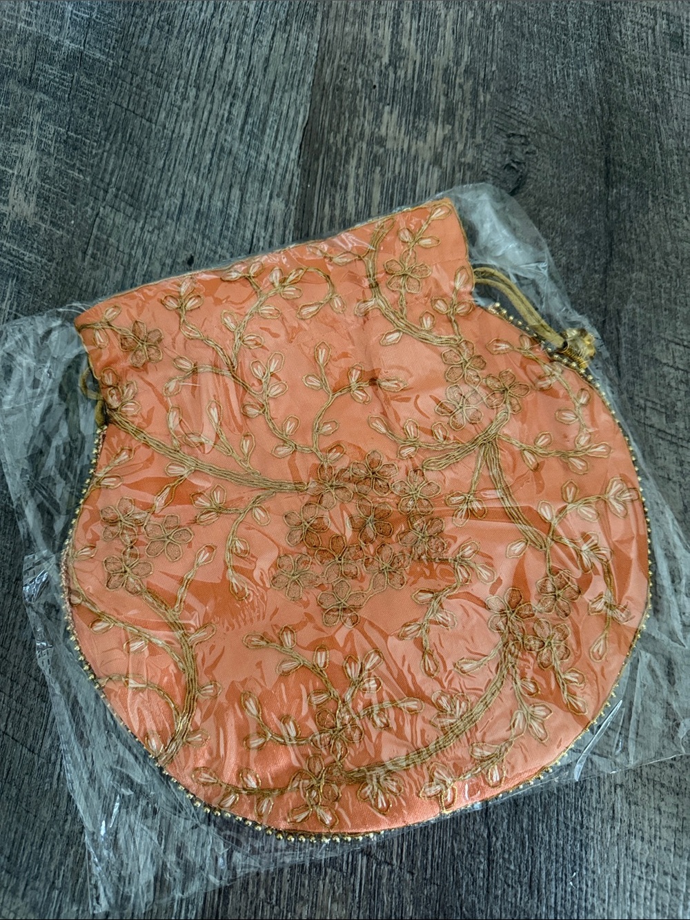 Embroidered Peach Satin Floral Potli Bag